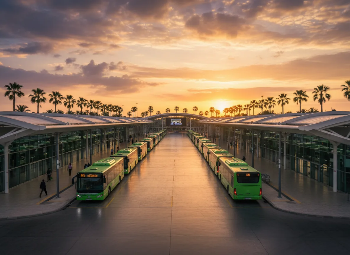 Bus SOTRA alignés à la gare au coucher du soleil