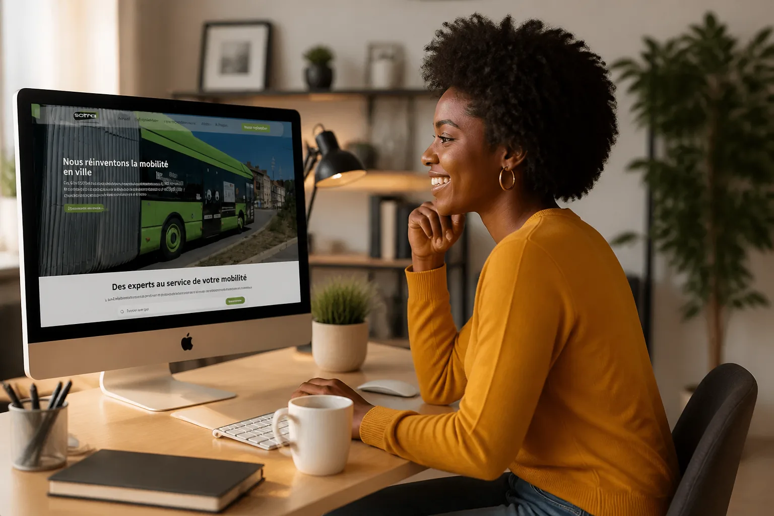 Voyageuse consultant le site de la SOTRA depuis son ordinateur pour préparer son trajet