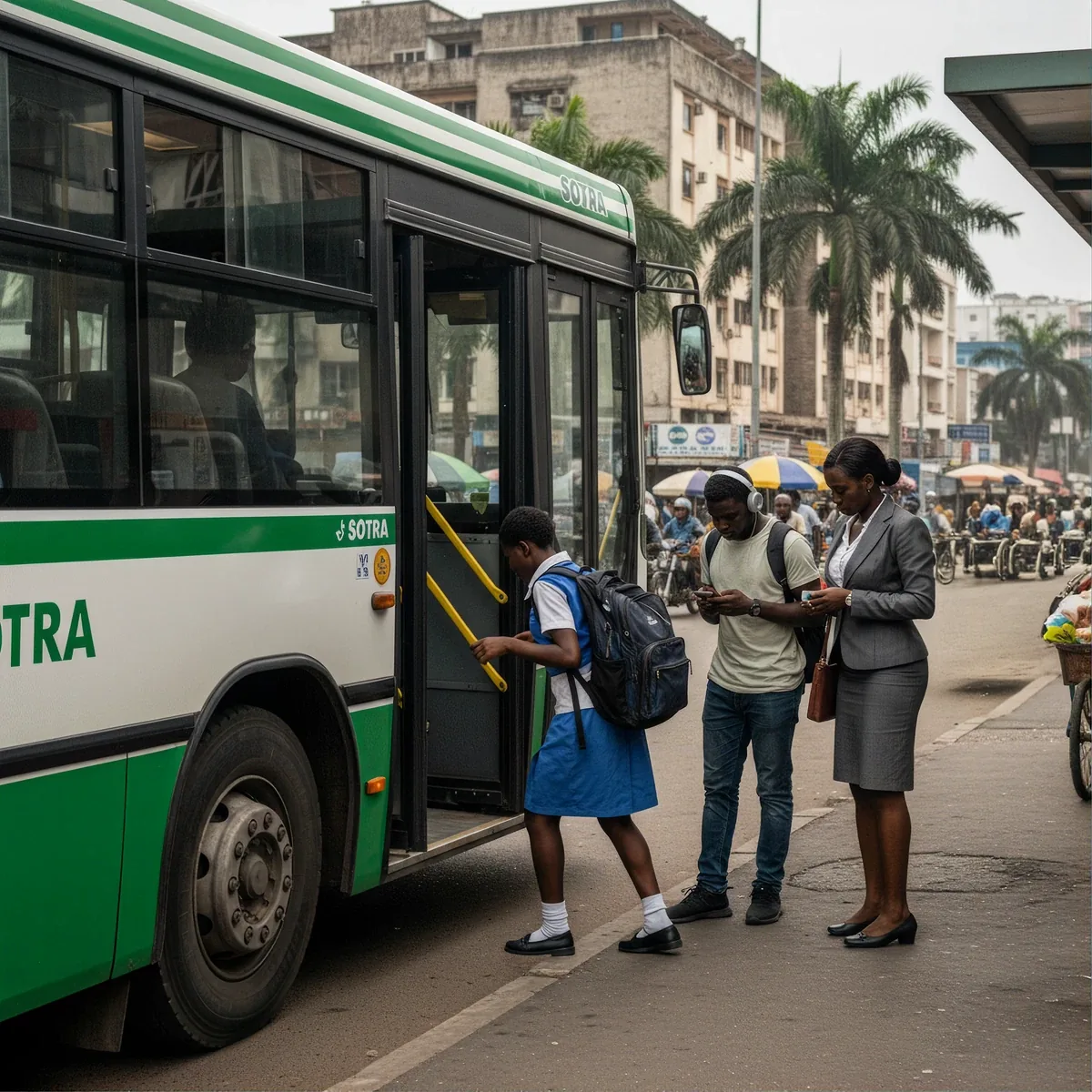 Voyageurs devant un bus SOTRA